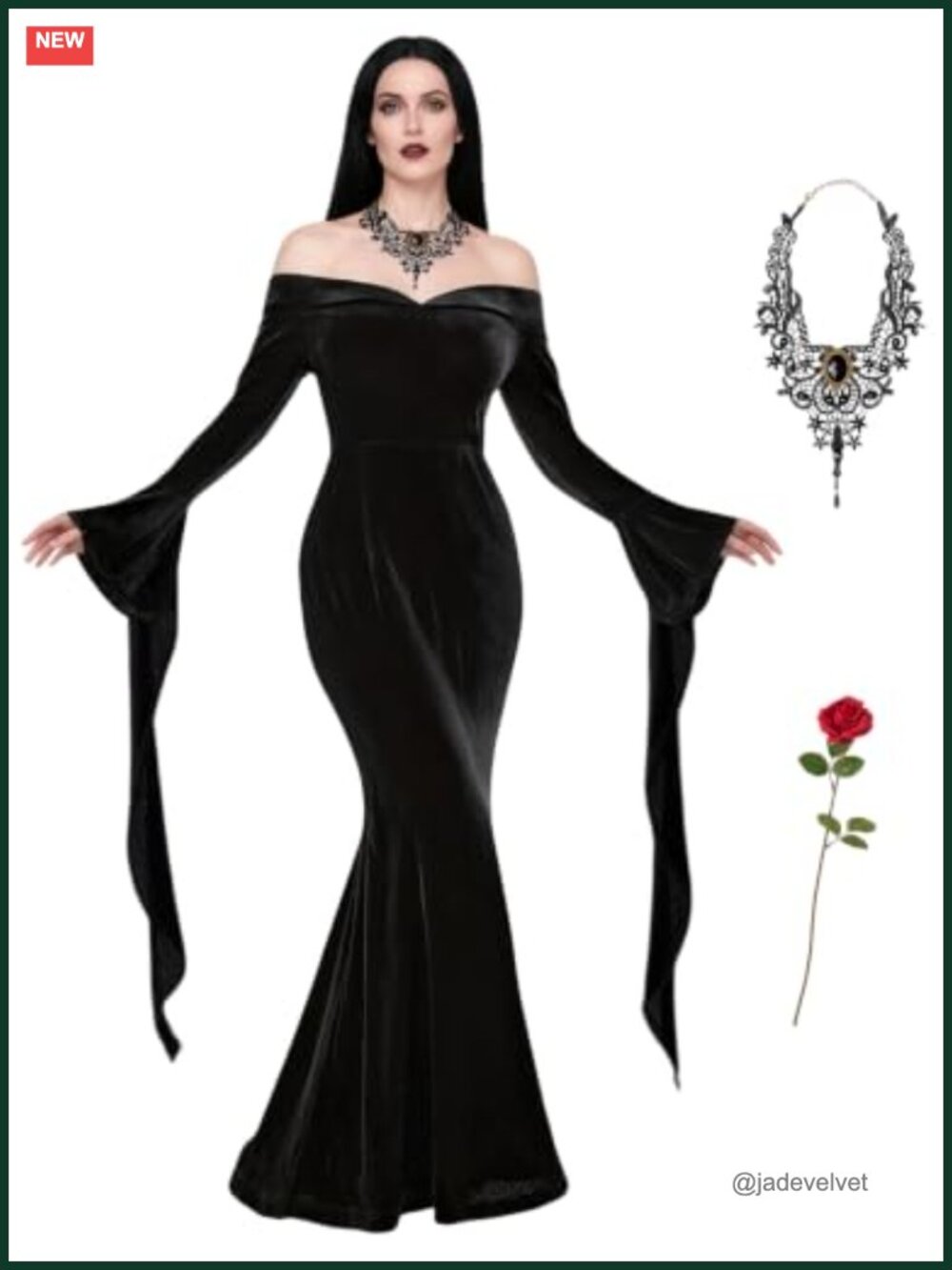 Women Gothic Costume Black Dress Necklace Rose Cosplay Halloween